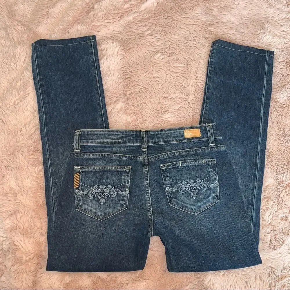 Paige Premium Denim Embroidered Blue Heights Straight Leg Jeans Size: 28